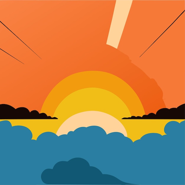 Vector cloudy sky background with big sun in flat style