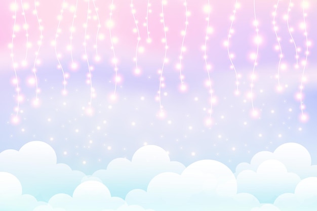Cloudy sky with lights garland Cute pastel background Magic fluffy backdrop for banner invitation