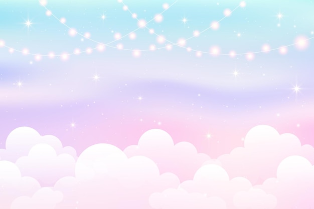 Vector cloudy sky with lights garland cute pastel background magic fluffy backdrop