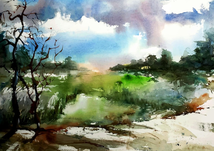 Vector cloudy sky with village nature watercolor paint