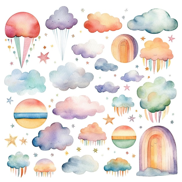 cloudy watercolor collection items childish boho style