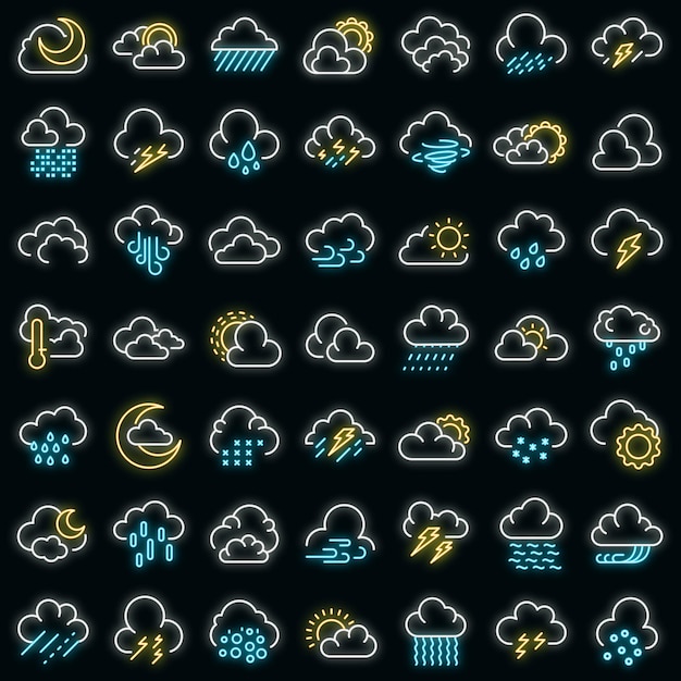 Cloudy weather icons set vector neon