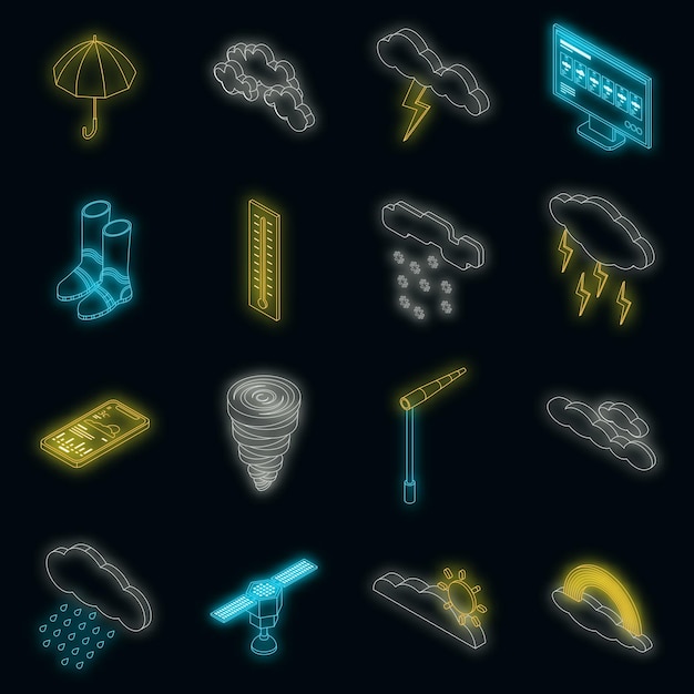 Cloudy weather icons set vector neon