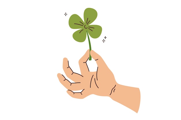 Vector clover in hand of man who picked plant and made wish to achieve good luck and fortune