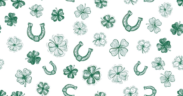 Clover horseshoe set St Patrick's Day Hand drawn illustrations Vector