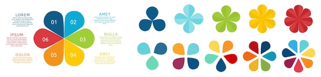 Vector clover like infographic elements, colour version with three to seven petals