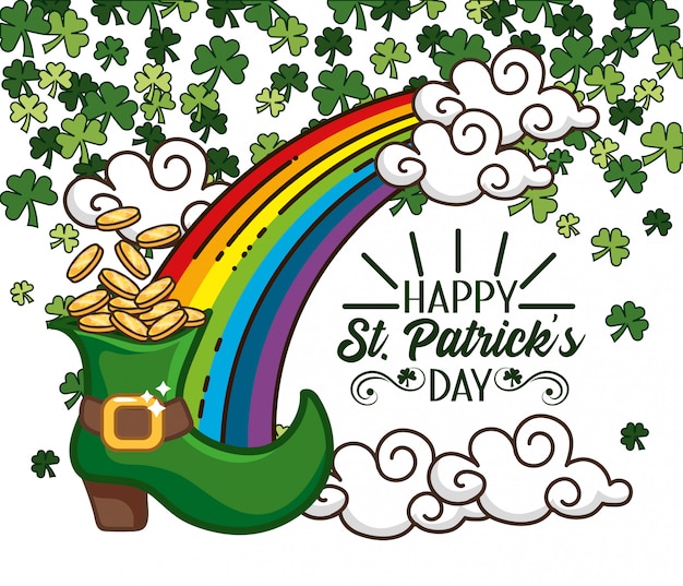 clovers and rainbow with clouds and coins inside boot