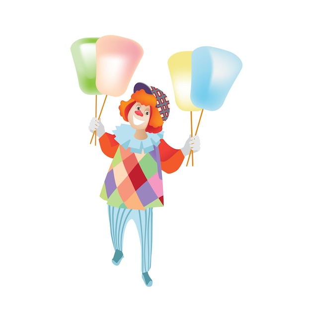 Clown animator in festive clothes amuses people distributes sweet cotton