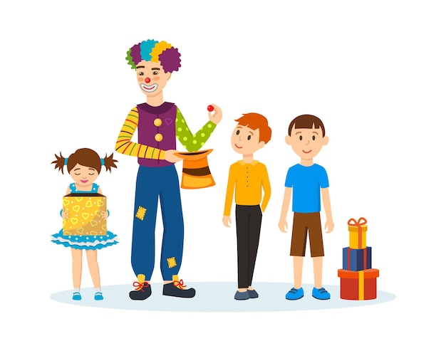 Clown-animator toont trucs en scènes die kinderen amuseren en verrukken