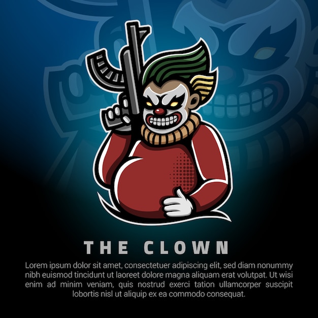 клоун держит большой шаблон логотипа пистолет