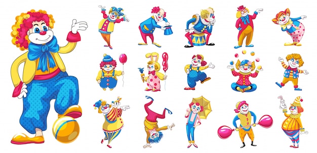 Clown icons set, cartoon style