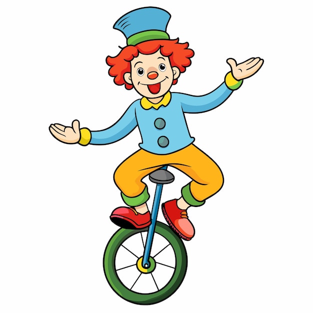 Vettore un clown sta guidando una bicicletta con un cartello che dice clown su di esso