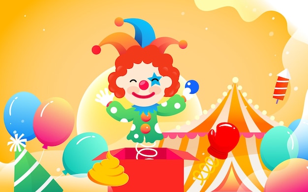 Клоун жонглирует на сцене сценическим и трюковым реквизитом на заднем плане, векторная иллюстрация