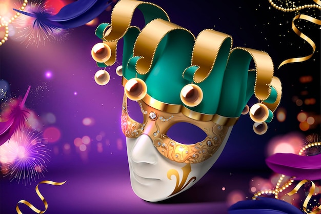 Clown mask design for carnival on purple in 3d style