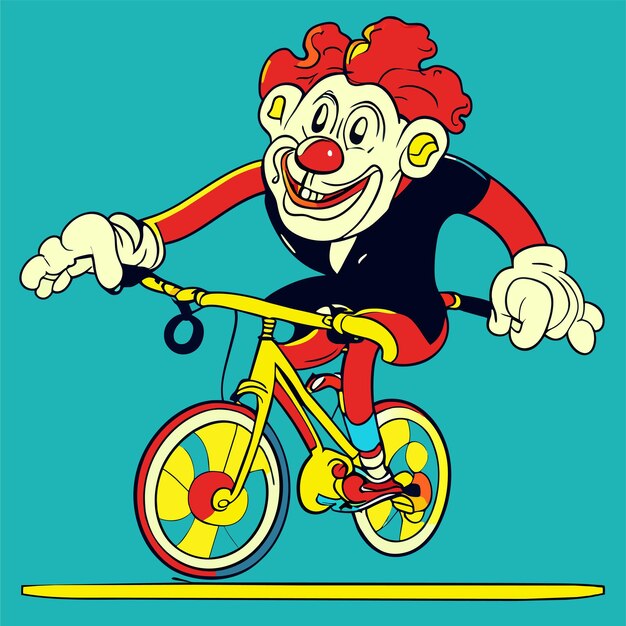 Vector clown op een fiets met één wiel met de hand getekend vlakke stijlvolle cartoon sticker icoon concept geïsoleerd