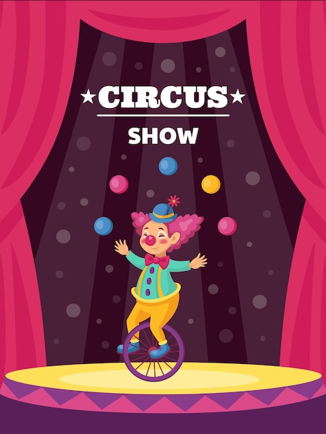 Clown poster Carnival show with magician Happy amusement Jester juggling on stage Buffoon on unicycle Traditional fairground Performance announcement Vector cirque invitation