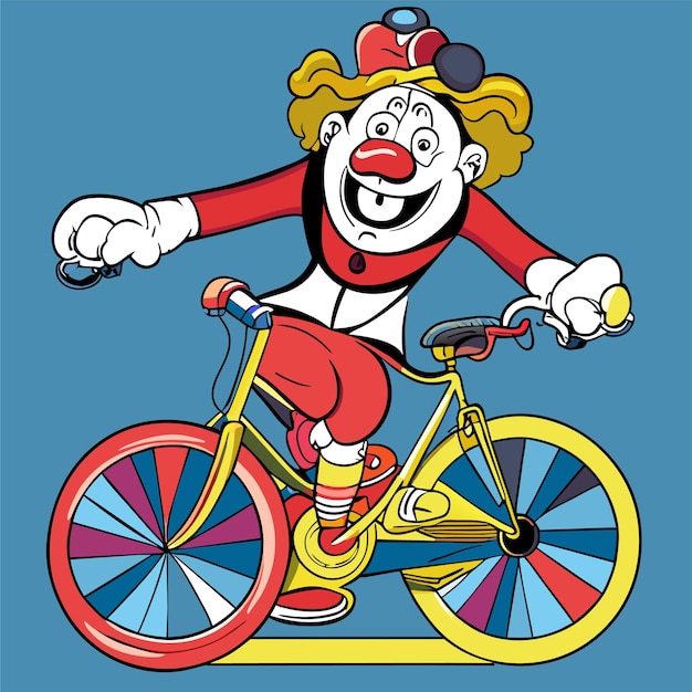 Clown riding one wheel bike hand drawn flat stylish cartoon sticker icon concept isolated