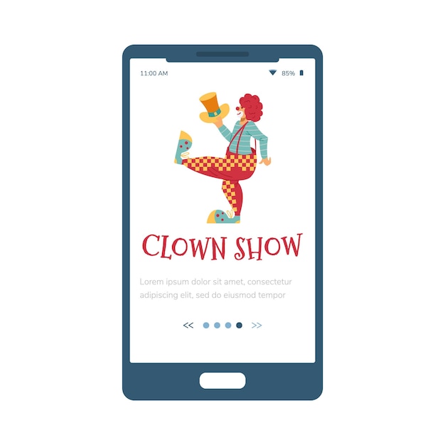 Modello di schermata di onboarding dello spettacolo di clown per l'illustrazione vettoriale piatta dell'app mobile