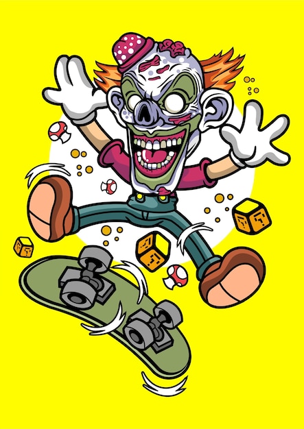 Clown skater illustration in hand drawn