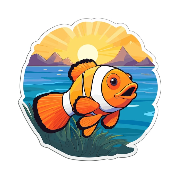 클론피쉬 다채로운 만화 카와이 캐릭터 해변 해가 지는 동물 반려동물 스티커 고립된 일러스트레이션