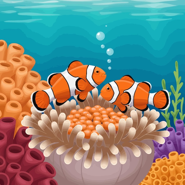 clownfish swimming above anemone with eggs in underwater coral reef