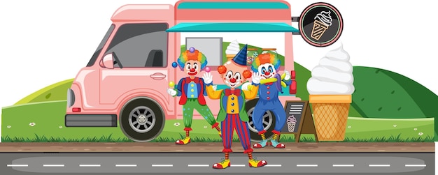 Clowns juggling balls at icecream truck