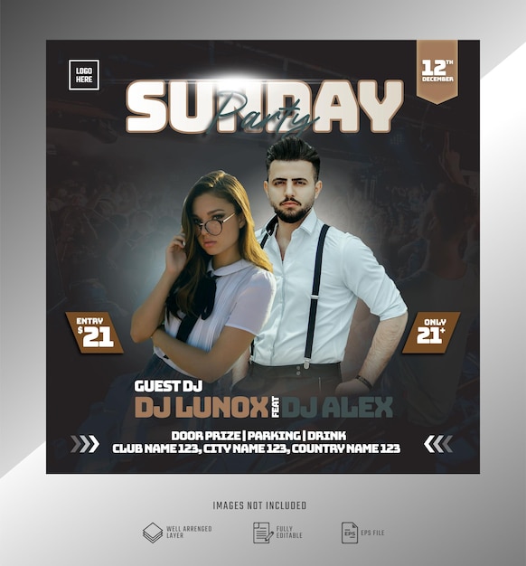 Vector club event sunday party flyer social media post template banner