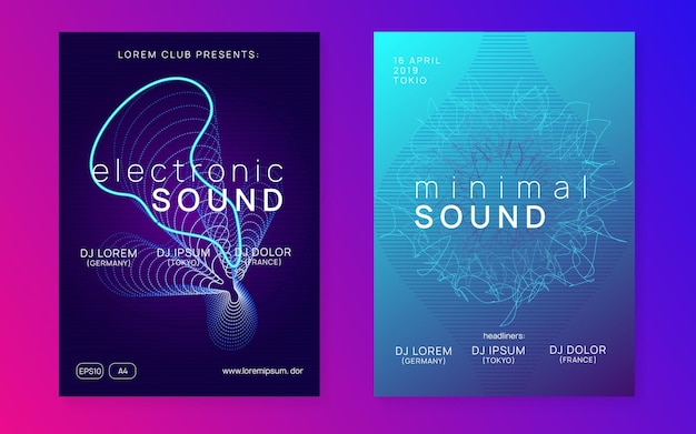 Vector club flyer. creative concert invitation set. dynamic fluid shape and line. neon club flyer. electro dance music. trance party dj. electronic sound fest. techno event poster.