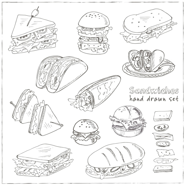 Vector club sandwich cheeseburger hamburger deli wrap roll taco baguette bagel toast