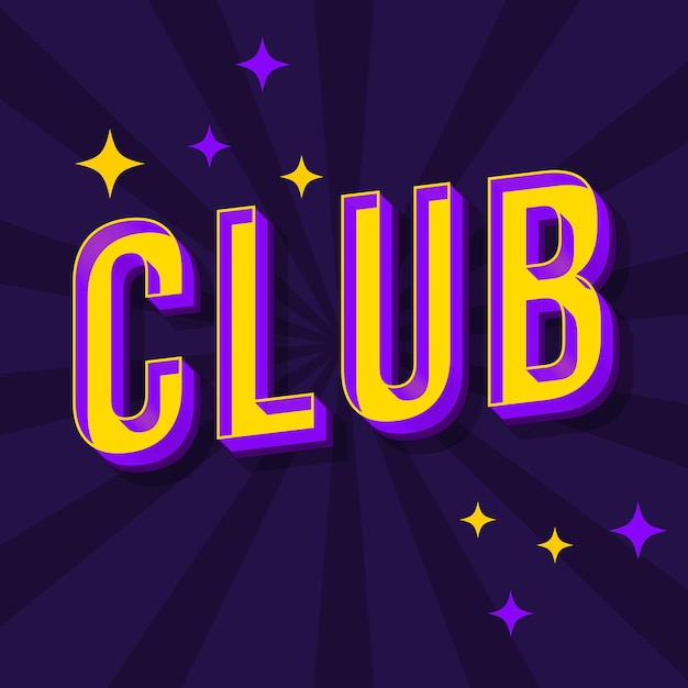 Club vintage 3d-vector belettering. retro vet lettertype, lettertype. popart gestileerde tekst. brieven in oude schoolstijl. 90s, 80s poster, banner typografieontwerp. donkerblauwe halftone strips stralen kleur achtergrond