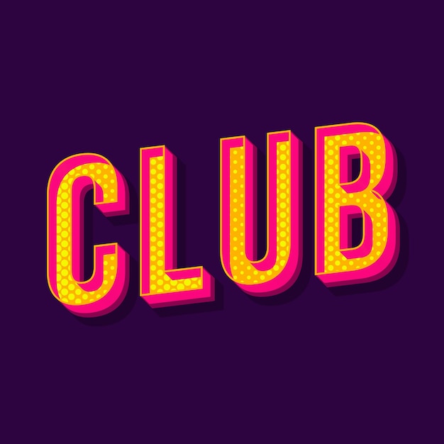 Club vintage 3D-vector belettering. Retro vet lettertype, lettertype. Popart gestippelde gestileerde tekst. Brieven in oude schoolstijl. 90s, 80s promo poster, banner typografie design. Paarse kleur achtergrond