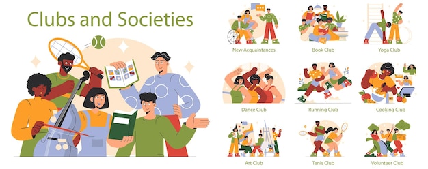 clubs and societies concept diverse groups engage in book dance cooking and other activities shared