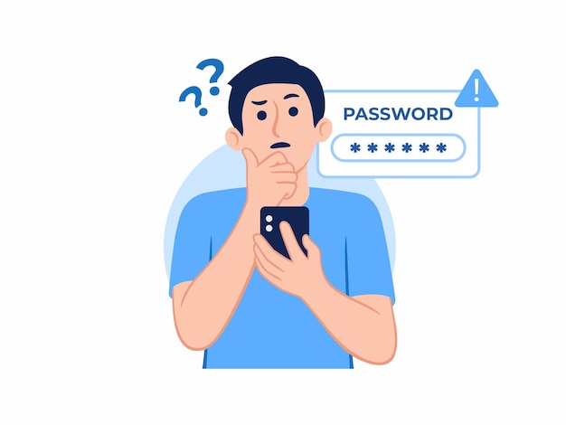 Vector clueless puzzled thoughtful man forgot password access denied account trying to log in not remember