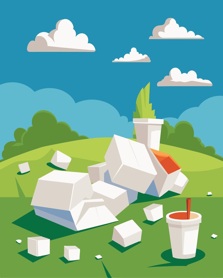 Vector clumps of styrofoam packaging strewn across a grassy median an eyesore in an otherwise picturesque