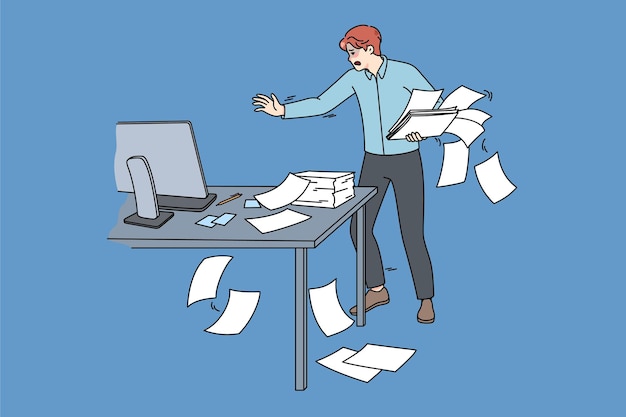 Clumsy employee collect paperwork in office