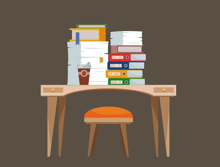 Vector cluttered workplace a desk with a chair a computer littered with documents and folders vector