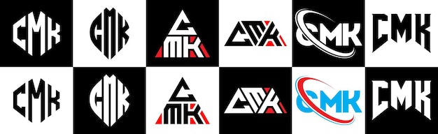 6 つのスタイルの CMK 文字ロゴ デザイン CMK 多角形、円、三角形、六角形のフラットでシンプルなスタイル、黒と白のカラー バリエーションの文字ロゴが 1 つのアートボードに設定されています CMK ミニマリストとクラシックなロゴ