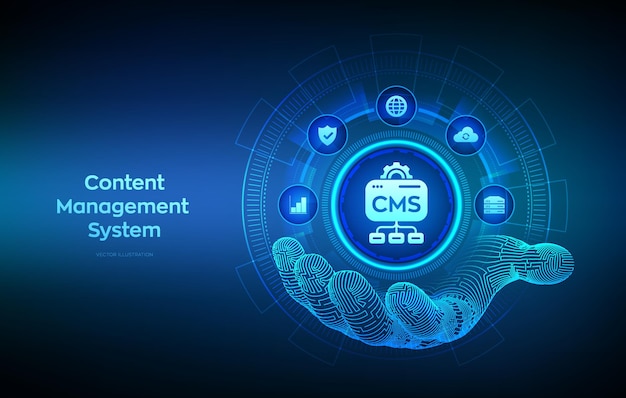 CMS Content Management System concept Website and document management web development and digital solutions Data integration CMS icon in wireframe hand Vector illustration