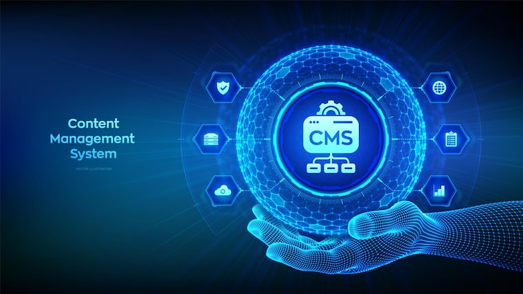 Vector cms content management system concept website and document management web development digital solutions data integration 3d sphere with a hexagonal surface and cms icon in hand vector
