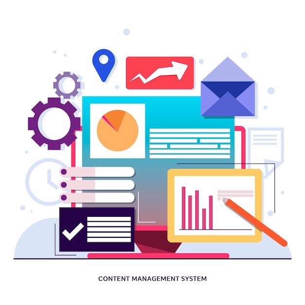 Cms-illustratieconcept met computerscherm en apps