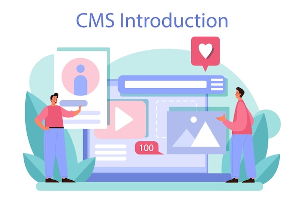 Cms-introductie contentbeheersysteem creëren en wijzigen van digitale inhoud idee van digitale strategie en inhoud voor het maken van sociale netwerken geïsoleerde vlakke afbeelding