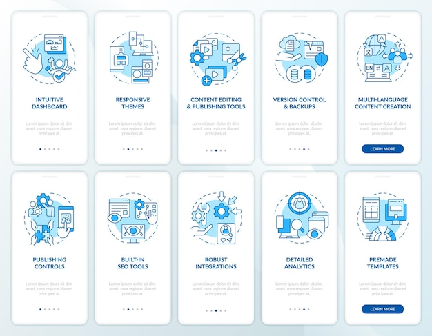 Vector cms platform blue onboarding mobile app screen set