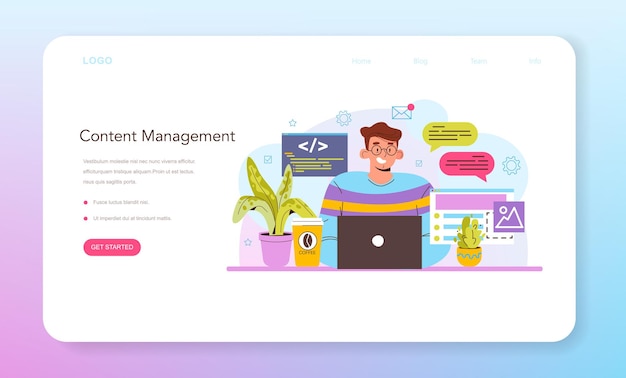 Banner web cms o pagina di destinazione. sistema di gestione dei contenuti. creazione e modifica di contenuti digitali. idea di sviluppo digitale e ottimizzazione. tecnologia cloud. illustrazione vettoriale piatta