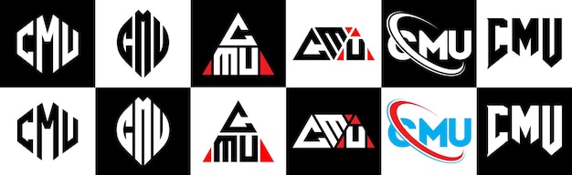 CMU letter logo ontwerp in zes stijl CMU veelhoek cirkel driehoek zeshoek platte en eenvoudige stijl met zwart en wit kleur variatie letter logo set in één artboard CMU minimalistische en klassieke logo