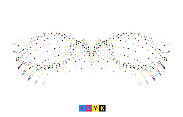 cmyk-vogelvleugels instellen cmyk-halftoonpunteffectontwerp op witte achtergrond kleurrijke vormlogo