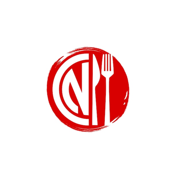 Cn ristorante monogramma cn lettere su piatto rotondo rosso con cucchiai