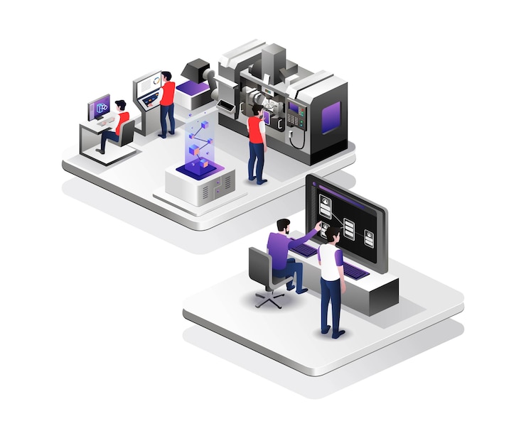 Vector cnc factory monitoring center in isometric design