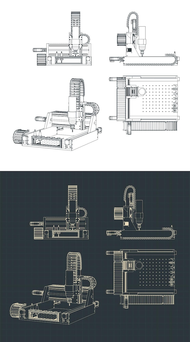 Vector cnc 밀링 머신 블루프린트 일러스트레이션