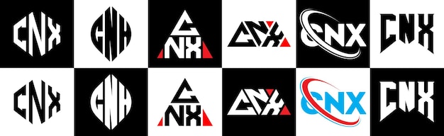 CNX letter logo ontwerp in zes stijl CNX veelhoek cirkel driehoek zeshoek platte en eenvoudige stijl met zwart en wit kleur variatie letter logo set in één artboard CNX minimalistische en klassieke logo