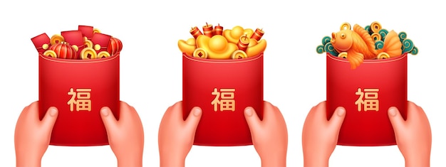 Cny envelopes with fu sign in hands isolated